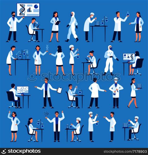 Scientists characters. Doctors group in science hospital laboratory, biological research with test clinical lab equipment vector flat simple persons in uniform, isolated set. Scientists characters. Doctors group in science hospital laboratory, biological research with test clinical lab equipment vector set