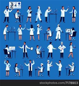 Scientists characters. Doctors group in science hospital laboratory, biological research with test clinical lab equipment vector flat simple persons in uniform, isolated set. Scientists characters. Doctors group in science hospital laboratory, biological research with test clinical lab equipment vector set