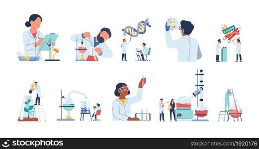 Scientists characters. Researchers people work in lab. Isolated doctors exploring virus and DNA molecules. Chemists experimenting with test tubes in laboratory. Vector new scientific discoveries set. Scientists characters. Researchers people work in lab. Isolated doctors exploring virus and DNA. Chemists experimenting with test tubes in laboratory. Vector scientific discoveries set