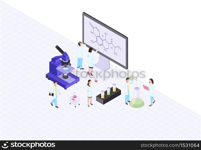 Scientists, chemists, academics, biologists, research worker isometric color vector illustration. Molecular biology, biochemistry infographic. Scientific, diagnostic lab chemical experiment 3d concept. Scientists, chemists, academics, biologists, research worker isometric color vector illustration
