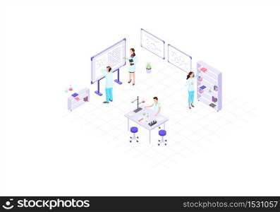 Scientists, chemists, academics, research workers isometric color vector illustration. People in white coats infographic. Scientific lab 3d concept. biochemistry, biotechnology design element. Scientists, chemists, academics, research workers isometric color vector illustration