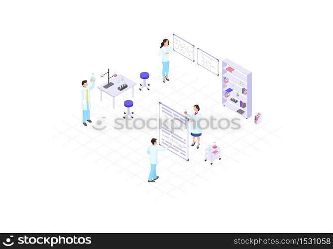 Scientists, chemists, academics, research workers isometric color vector illustration. People making experiments infographic. Scientific lab 3d concept. biochemistry, biotechnology design element. Scientists, chemists, academics, research workers isometric color vector illustration