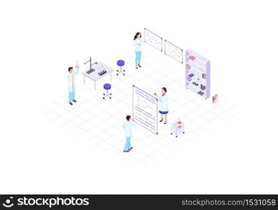 Scientists, chemists, academics, research workers isometric color vector illustration. People making experiments infographic. Scientific lab 3d concept. biochemistry, biotechnology design element. Scientists, chemists, academics, research workers isometric color vector illustration