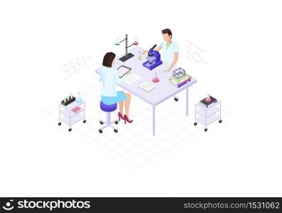 Scientists, chemists, biologists, research workers isometric color vector illustration. People doing chemical experiment infographic. Biotechnology, biochemical research laboratory 3d concept. Scientists, chemists, biologists, research workers isometric color vector illustration