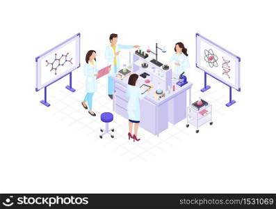 Scientists, chemists, geneticist, research worker isometric color vector illustration. DNA helix, chemical bond, atom infographic. Genetics, biotechnology research, laboratory experiment 3d concept. Scientists, chemists, geneticist, research worker isometric color vector illustration