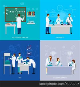 Scientists design concept set with drug development flat icons isolated vector illustration. Scientists Flat Set