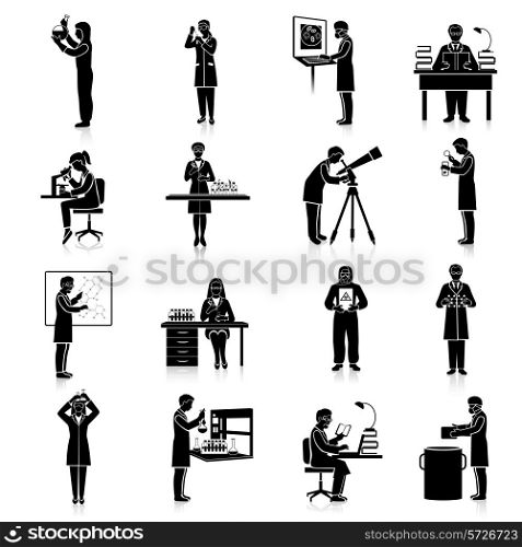 Scientists doctors and teacher characters making scientific experiments black set isolated vector illustration