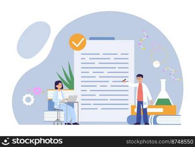 Scientists doing research in laboratory. Man with chemical equipment and books having experiment. Woman writing in laptop. Characters inventing medicine or doing medical analysis vector. Scientists doing research in laboratory. Man with chemical equipment and books having experiment. Woman writing in laptop