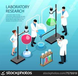 Scientists doing research working with colorful liquid in flasks and tubes 3d isometric vector illustration