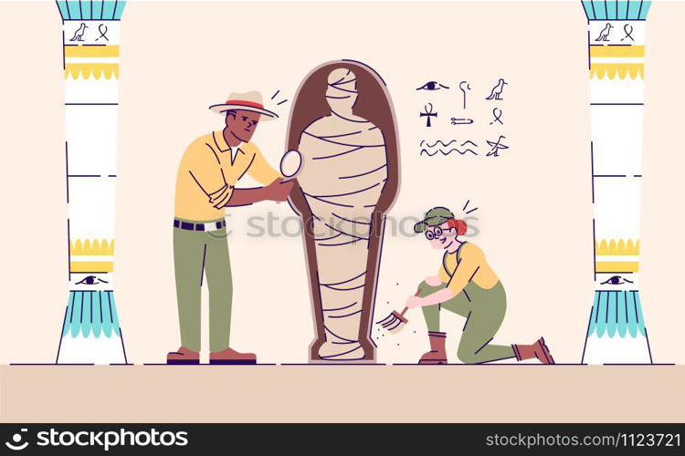 Scientists exploring mummy flat vector illustration. Archeological excavations working process. Mysteries of past studies. Man and woman analyzing egyptian artifact cartoon characters