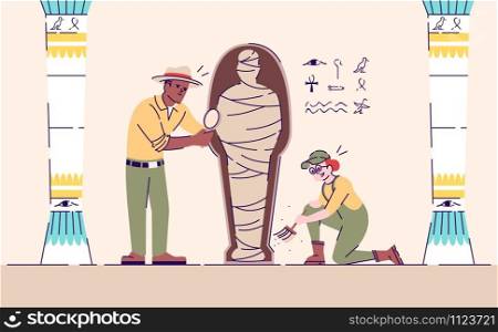 Scientists exploring mummy flat vector illustration. Archeological excavations working process. Mysteries of past studies. Man and woman analyzing egyptian artifact cartoon characters