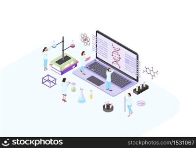 Scientists, geneticist, academics, biologists, research workers isometric color vector illustration. DNA helix on laptop infographic. Biochemistry, genetics. Biological laboratory 3d concept.. Scientists, geneticist, academics, biologists, research workers isometric color vector illustration