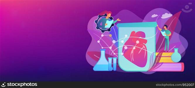 Scientists growing big heart in test tube in laboratory. Lab-grown organs, bioartificial organs and artificial organ concept on white background. Header or footer banner template with copy space.. Lab-grown organs concept banner header.