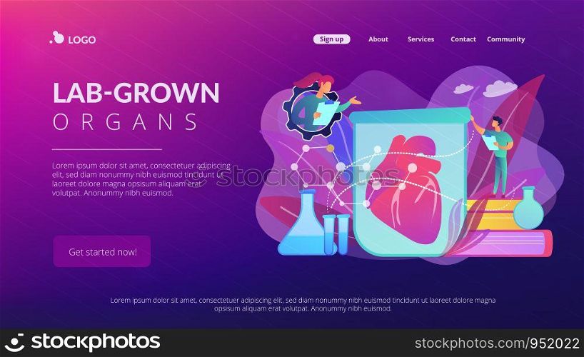 Scientists growing big heart in test tube in laboratory. Lab-grown organs, bioartificial organs and artificial organ concept on white background. Website vibrant violet landing web page template.. Lab-grown organs concept landing page.