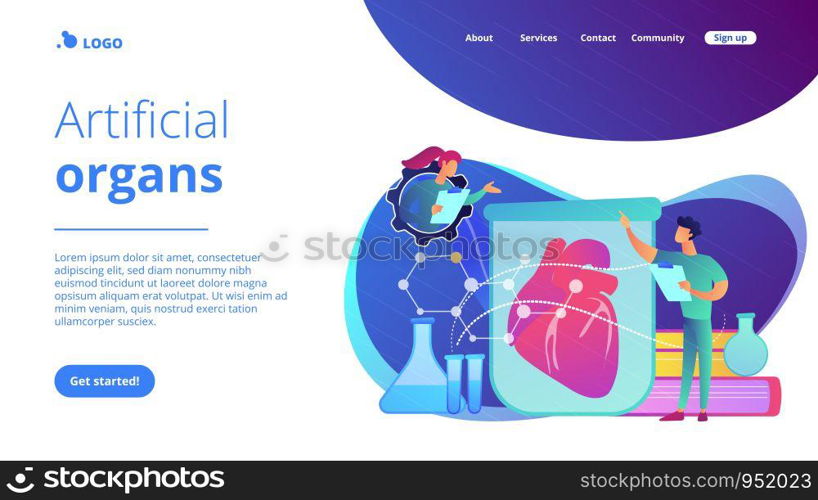 Scientists growing big heart in test tube in laboratory. Lab-grown organs, bioartificial organs and artificial organ concept on white background. Website vibrant violet landing web page template.. Lab-grown organs concept landing page.