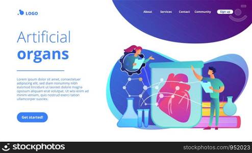 Scientists growing big heart in test tube in laboratory. Lab-grown organs, bioartificial organs and artificial organ concept on white background. Website vibrant violet landing web page template.. Lab-grown organs concept landing page.