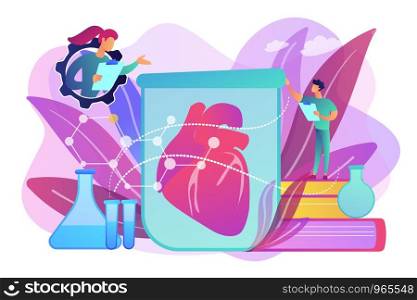 Scientists growing big heart in test tube in laboratory. Lab-grown organs, bioartificial organs and artificial organ concept on white background. Bright vibrant violet vector isolated illustration. Lab-grown organs concept vector illustration.
