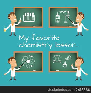 Scientists in chemistry science lesson with chalkboard set vector illustration