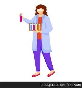 Scientists in lab coats flat vector illustration. Studying medicine, chemistry. Conducting experiment. Women with test tubes, reactives isolated cartoon characters on white background. Scientist in lab coat with protection glasses flat vector illustration