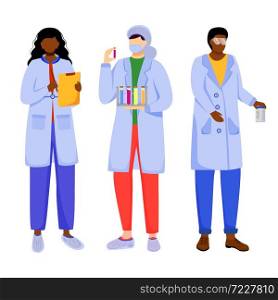 Scientists in lab coats flat vector illustration. Studying medicine, chemistry. Conducting experiment. Women with test tubes, reactives isolated cartoon characters on white background. Scientists in lab coats flat vector illustration