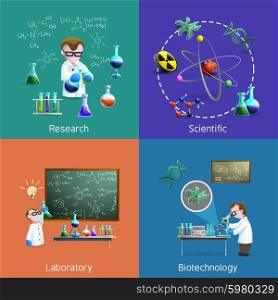 Scientists In Lab Icons Set . Icons set with scientists conducting experiments in lab vector illustration