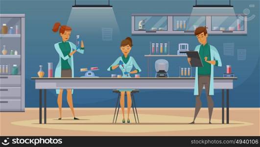 Scientists In Lab Retro Cartoon Poster . Laboratory assistants work in scientific medical chemical or biological lab setting experiments retro cartoon poster vector illustration