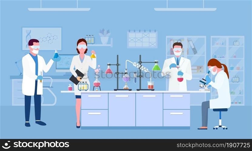 Scientists in lab. Scientist people wearing lab coats, science researches and chemical laboratory experiments. Chemistry laboratories, microbiology research. Vector illustration in flat style.. . Scientist people wearing lab coats