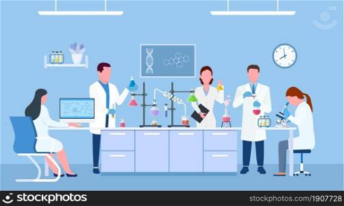 Scientists in lab. Scientist people wearing lab coats, science researches and chemical laboratory experiments. Chemistry laboratories, microbiology research. Vector illustration in flat style.. . Scientist people wearing lab coats