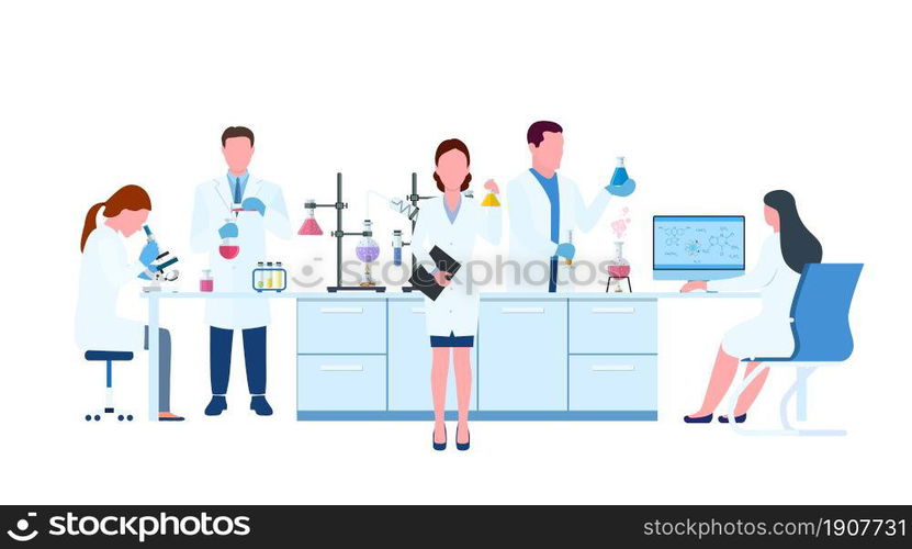 Scientists in lab. Scientist people wearing lab coats, science researches and chemical laboratory experiments. Chemistry laboratories, microbiology research. Vector illustration in flat style.. . Scientist people wearing lab coats