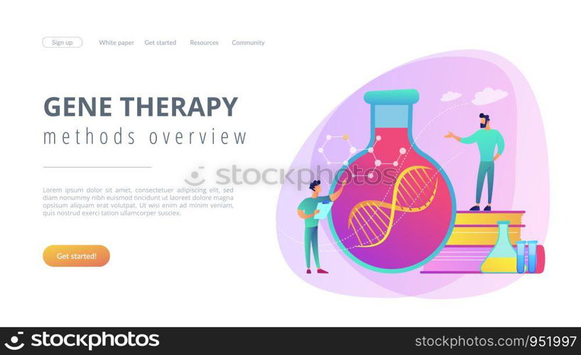 Scientists in lab working with huge DNA chain in the glass bulb. Gene therapy, gene transfer and functioning gene concept on white background. Website vibrant violet landing web page template.. Gene therapy concept landing page.