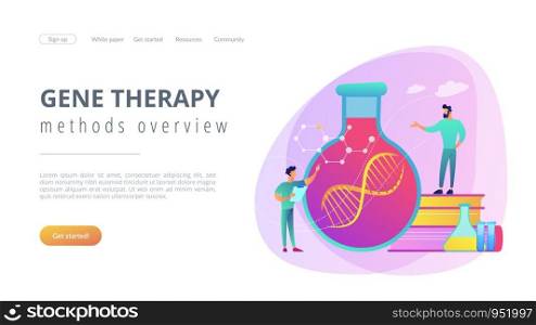 Scientists in lab working with huge DNA chain in the glass bulb. Gene therapy, gene transfer and functioning gene concept on white background. Website vibrant violet landing web page template.. Gene therapy concept landing page.