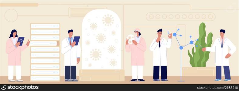 Scientists in laboratory. White coat on researchers, people work in chemical laboratory with bacterias. Medical drug development vector concept. Illustration chemical laboratory, scientist research. Scientists in laboratory. White coat on researchers, people work in chemical laboratory with bacterias. Medical drug development utter vector concept