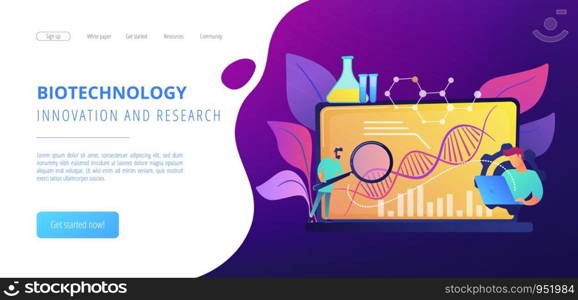 Scientists looking at DNA and charts with magnifier on laptop. Biotechnology, biological systems, bio-engineering concept on white background. Website vibrant violet landing web page template.. Biotechnology concept landing page.