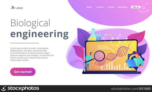 Scientists looking at DNA and charts with magnifier on laptop. Biotechnology, biological systems, bio-engineering concept on white background. Website vibrant violet landing web page template.. Biotechnology concept landing page.