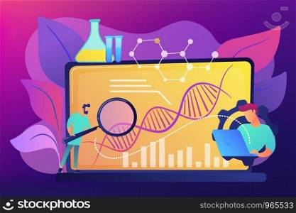 Scientists looking at DNA and charts with magnifier on laptop. Biotechnology, biological systems, bio-engineering concept on white background. Bright vibrant violet vector isolated illustration. Biotechnology concept vector illustration.