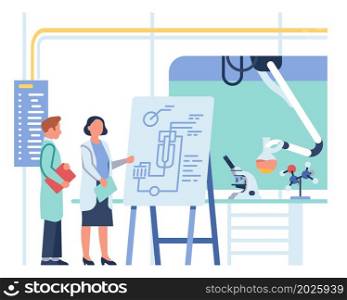 Scientists looking on blueprint. People discussing chemical laboratory experiment. Vector illustration. Scientists looking on blueprint. People discussing chemical laboratory experiment