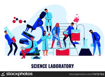 Scientists making biological and chemical experiments in science laboratory flat vector illustration