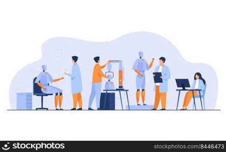 Scientists making robots in lab isolated flat vector illustration. Cartoon people creating computer hardware and machines. Science and technology development concept