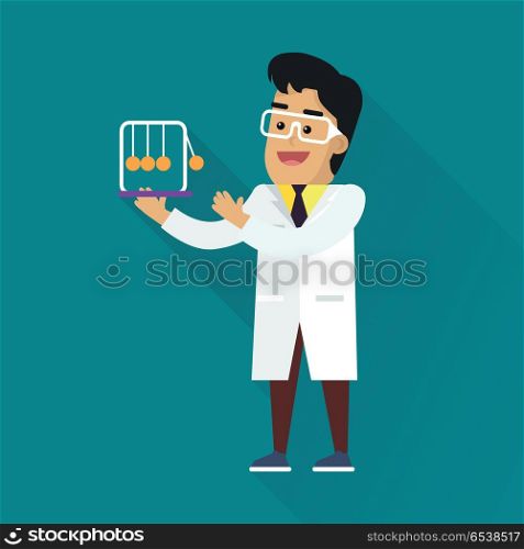 Scientists Man at Work. Scientists man in white robe and glasses at work. Scientist physicist holding Newton s cradle. Scientists in lab. Science and technology development, scientific research, research. Science background