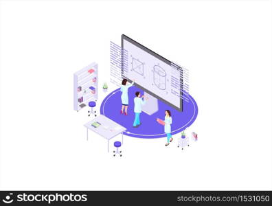 Scientists, mathematicians, academics isometric color vector illustration. Calculations on whiteboard infographic. Scientific laboratory 3d concept. Geometry, mathematics design element. Scientists, mathematicians, academics isometric color vector illustration