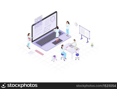 Scientists, mathematicians, academics, research workers isometric color vector illustration. People by laptop solving mathematical problem infographic. Geometry, mathematics element 3d concept. Scientists, mathematicians, academics, research workers isometric color vector illustration