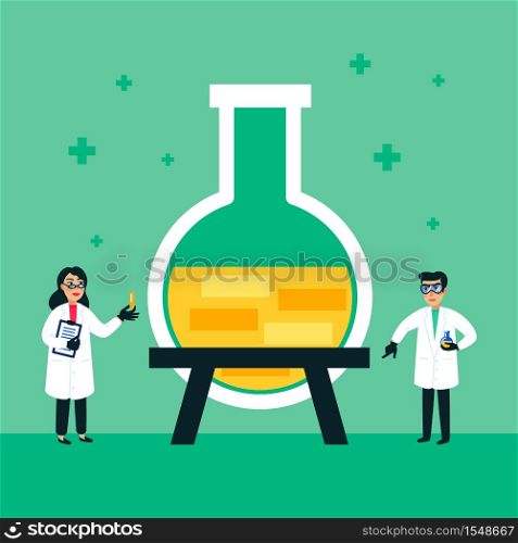 Scientists men and woman working at science lab. small people and a giant test tube on a green background. Scientific research concept. Flat style vector illustration.. Scientists men and woman working at science lab. small people and a giant test tube on a green background. Scientific research concept. Flat style vector illustration