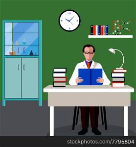 Scientists people composition with man at the table in his office studies professional literature vector illustration. Scientists People Composition