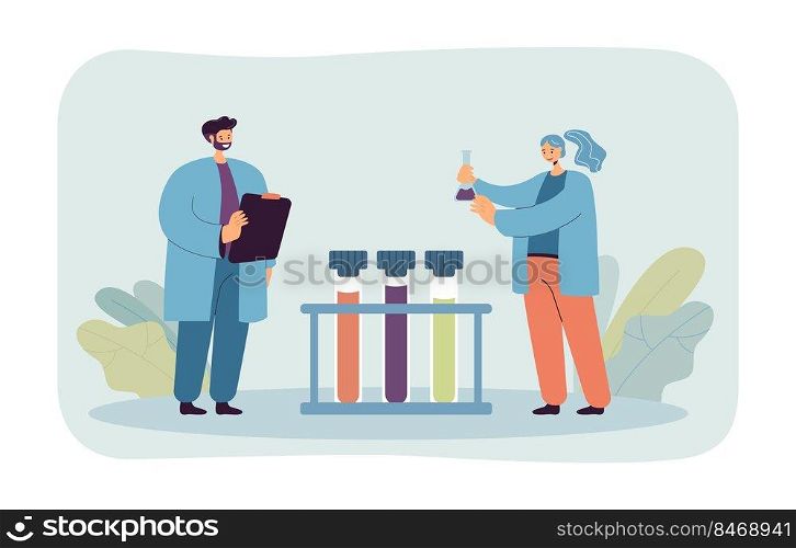 Scientists researχng with test tubes in laboratory. Tiny researchers working on scientific experiment flat vector illustration. Science concept for ban≠r, website design or landing web pa≥. Scientists researχng with test tubes in laboratory