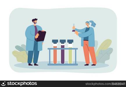 Scientists researχng with test tubes in laboratory. Tiny researchers working on scientific experiment flat vector illustration. Science concept for ban≠r, website design or landing web pa≥. Scientists researχng with test tubes in laboratory