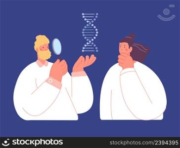 Scientists research DNA spiral. Genetic and chemistry, human molecular biology science. Medical examination, two thoughtful vector characters. Illustration of scientist genetic dna. Scientists research DNA spiral. Genetic and chemistry, human molecular biology science. Medical examination, two thoughtful vector characters