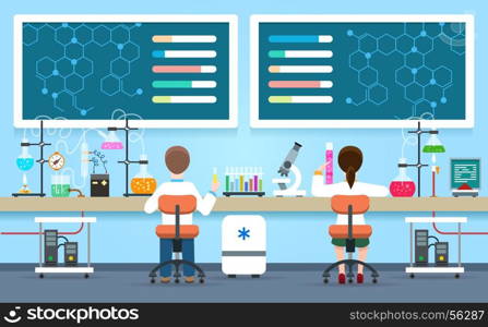 Scientists research in laboratory concept. Scientists research in laboratory vector illustration. Chemical lab interior with female researcher and male doctor experiment concept