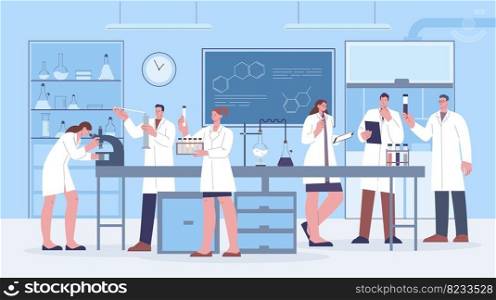 Scientists science research laboratory. Biology genetic medicine professional workers. Clinic and pharma research. Kicky chemistry vector characters in lab biology illustration. Scientists science research laboratory. Biology genetic medicine professional workers. Clinic and pharma research. Kicky chemistry vector characters