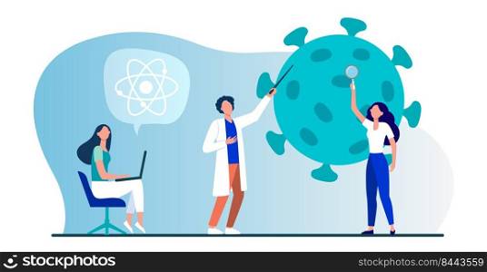 Scientists studying coronavirus. Team of experts doing medical research flat vector illustration. Virus, pandemic, science concept for banner, website design or landing web page