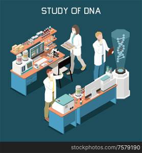Scientists studying dna in genetics laboratory 3d isometric vector illustration
